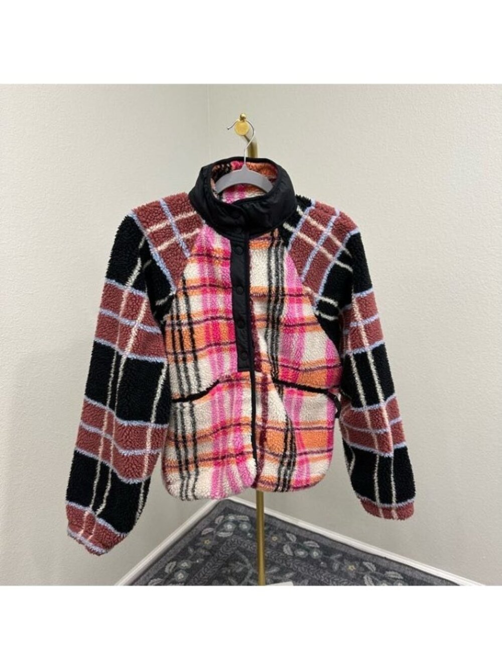 Free People Movement Rocky Ridge Printed Fleece Jacket Plaid Snap Womens Small